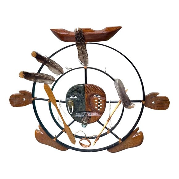 Handcrafted Native Alaskan Spirit Mask Wall Art Ceremonial Design Vtg Signed 17" - Picture 1 of 8